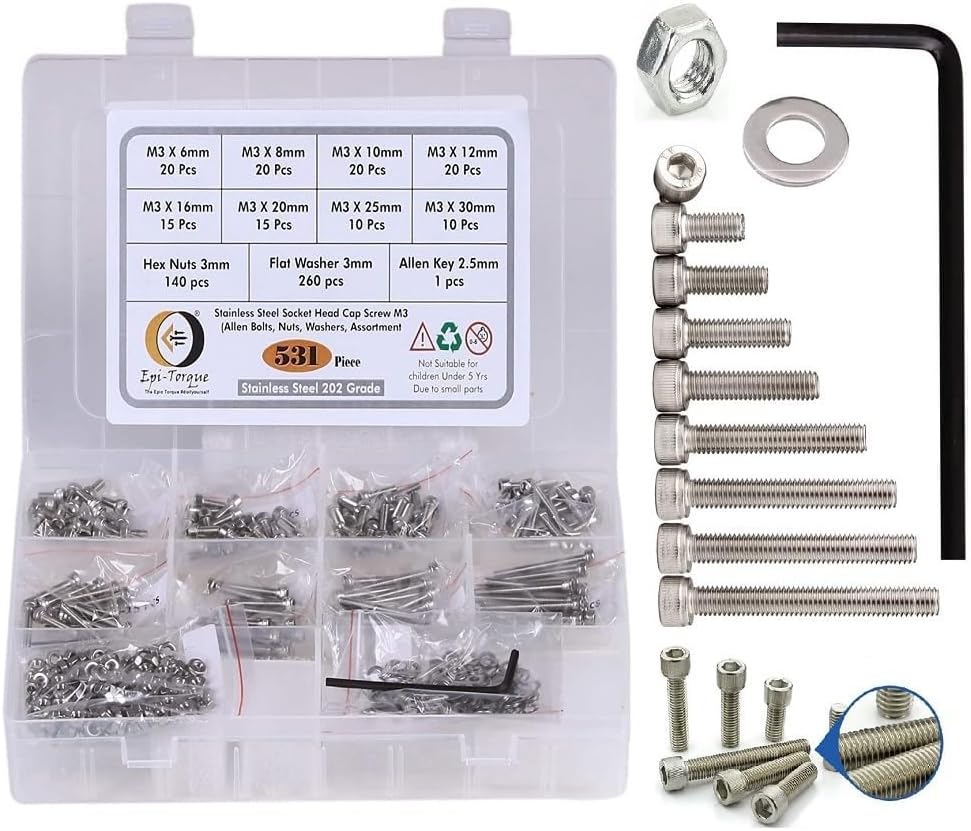 Metric M3 Stainless Alloy Steel 202 Grade Socket Head Cap Screws Nuts Allen Bolt Washer with Allen Keys Assortment Kit Set with Storage Box Pack of 531 Pcs.