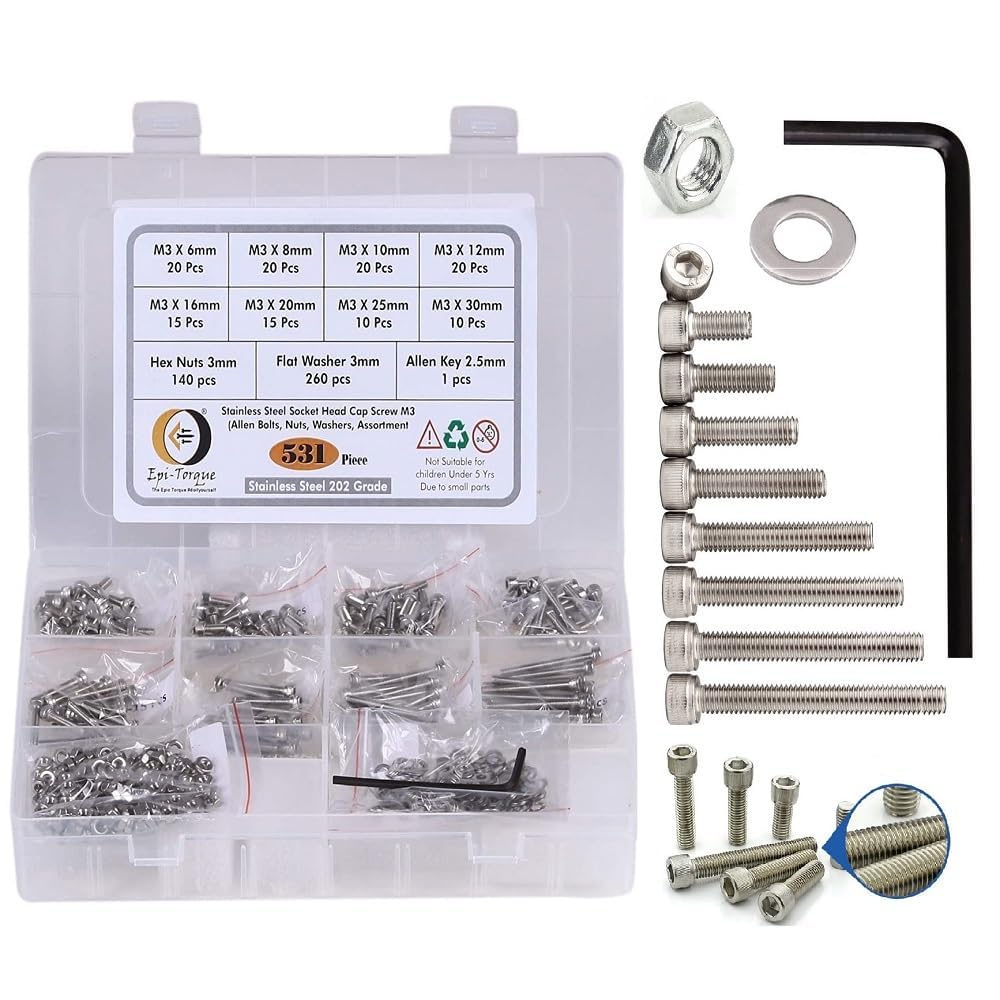 Metric M3 Stainless Alloy Steel 202 Grade Socket Head Cap Screws Nuts Allen Bolt Washer with Allen Keys Assortment Kit Set with Storage Box Pack of 531 Pcs.