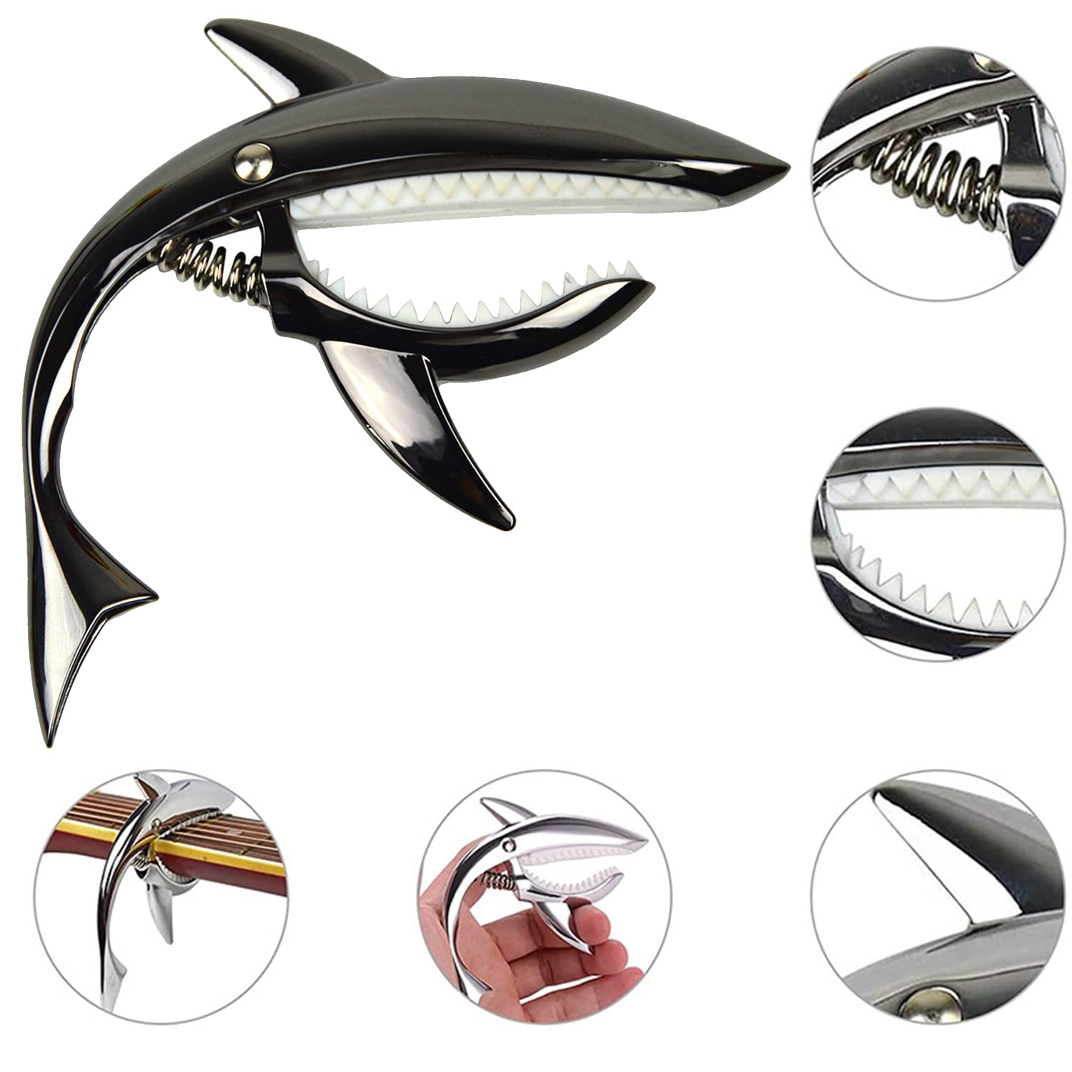 GERUI Capodastre requin en alliage de zinc pour guitares acoustiques et électriques, ukulélé 6 + 12 cordes avec une bonne prise en main, sans fret buzz et durable, design requin (noir)