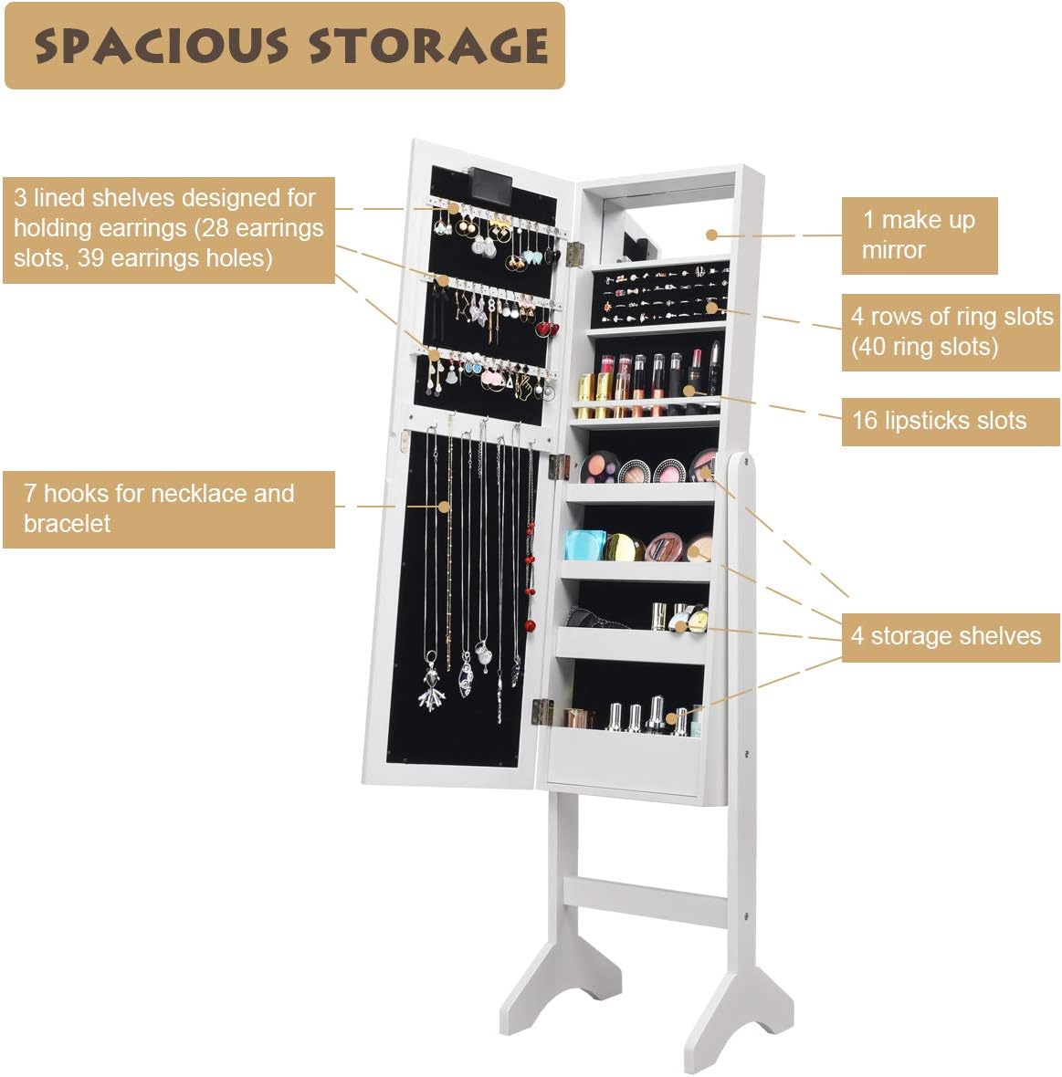 Giantex Standing Jewelry Armoire with 18 LED Lights Around the Door, Large Storage Mirrored Jewelry Cabinet with Full Length Mirror, 16 Lipstick Holder, 1 Inside Makeup Mirror (White) : Clothing, Shoes & Jewelry