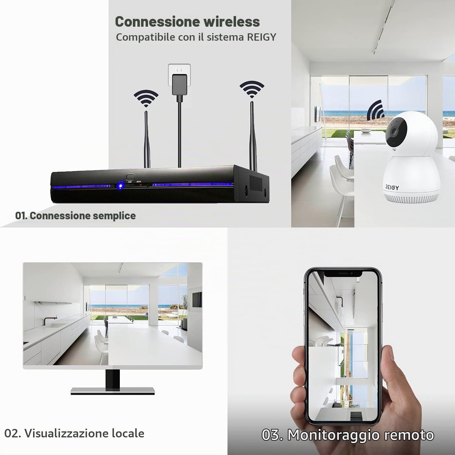 REIGY 1296P Telecamera Wi-Fi Interno 360 Gradi, 3MP Videocamera Sorveglianza IP Wireless Supporto Audio Bidirezionable Night Vision Allarme APP iOS/Android Compatibile NVR Sistema