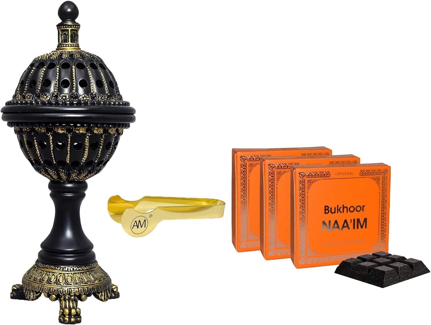 AM Luxury Globe Incense Burner (Black) and Bakhoor Naaim Incense (3 Pack) Bundle