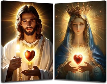 XLMDYYSW Sacred Heart Canvas Wall Art 2 Panel Jesus and Mary Portrait Picture God Divine Mercy Painting Christian Catholic Prints for Church Decor Framed White, 12.00" x 16.00" x 2PCS