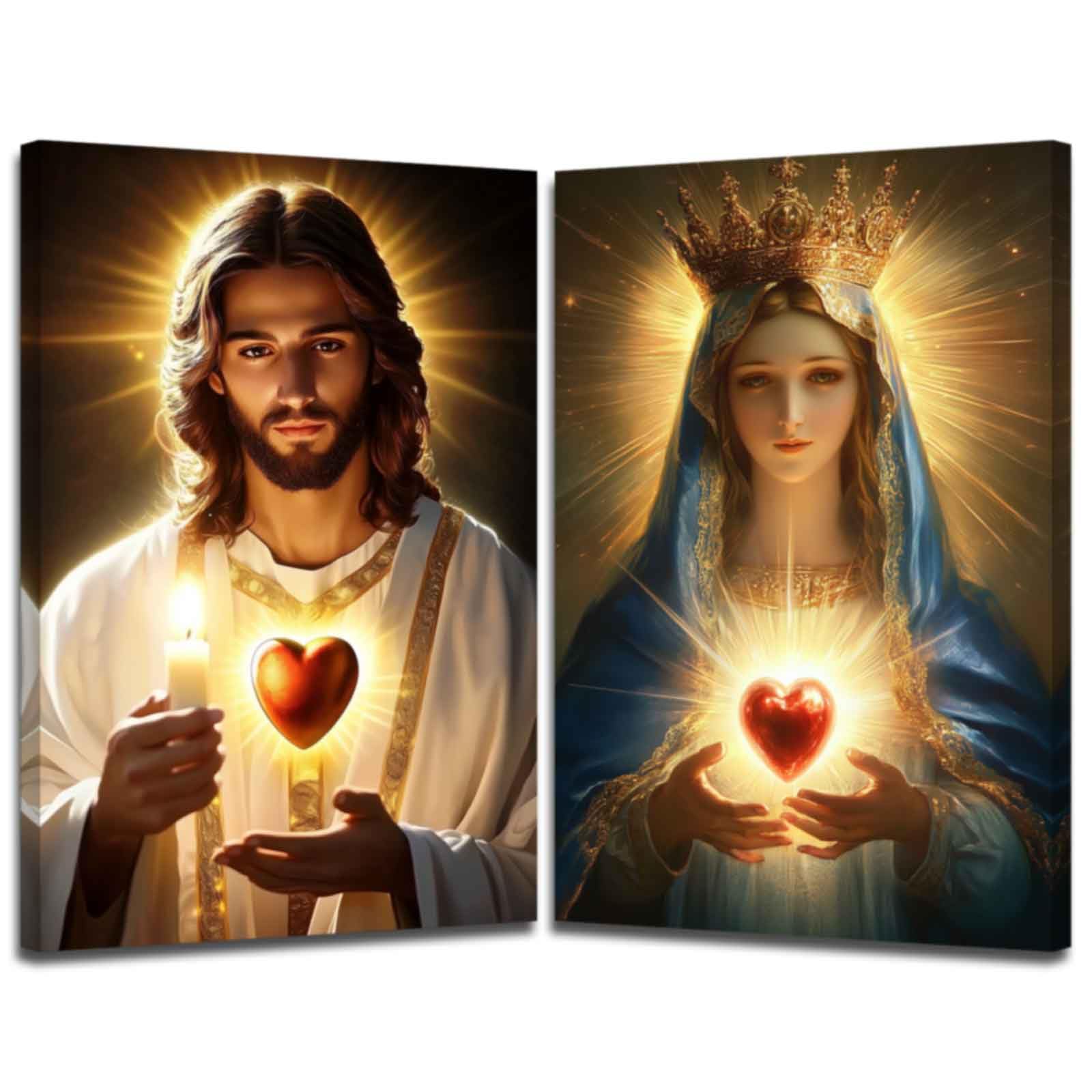 XLMDYYSW Sacred Heart Canvas Wall Art 2 Panel Jesus and Mary Portrait Picture God Divine Mercy Painting Christian Catholic Prints for Church Decor