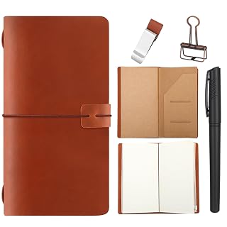 Thenshop Travelers Refillable Leather Journal Notebook Travel Diary Handmade Passport Travelers Journal for Men and Women with 3 Notebook Inserts, Pen Holder, Binder Clip(Brown,Stand Size) - Amazon product rated Grade A