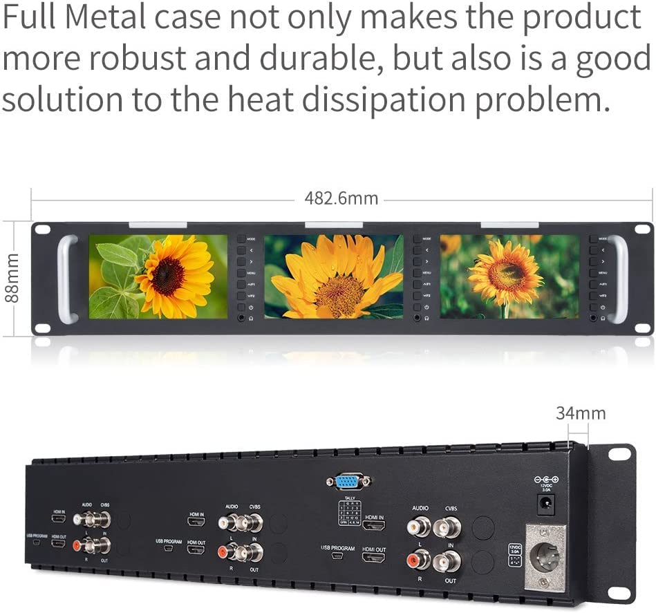 Image of FEELWORLD T51-H Triple 5 inch 2 RU Rack Mount Monitor 800x480 Broadcast LCD Monitor with HDMI AV Input and Output