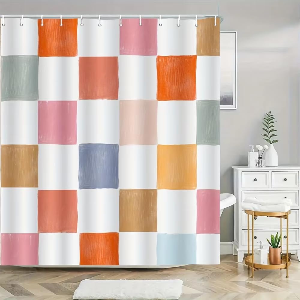 KELAIMI Watercolor Geometric Shower Curtain,Modern Farmhouse Aesthetic Squares Bathroom Curtains with Hooks,Machine Washable Quick-Dry Polyester Fabric Bathtub Curtains Colorful 180X180Cm