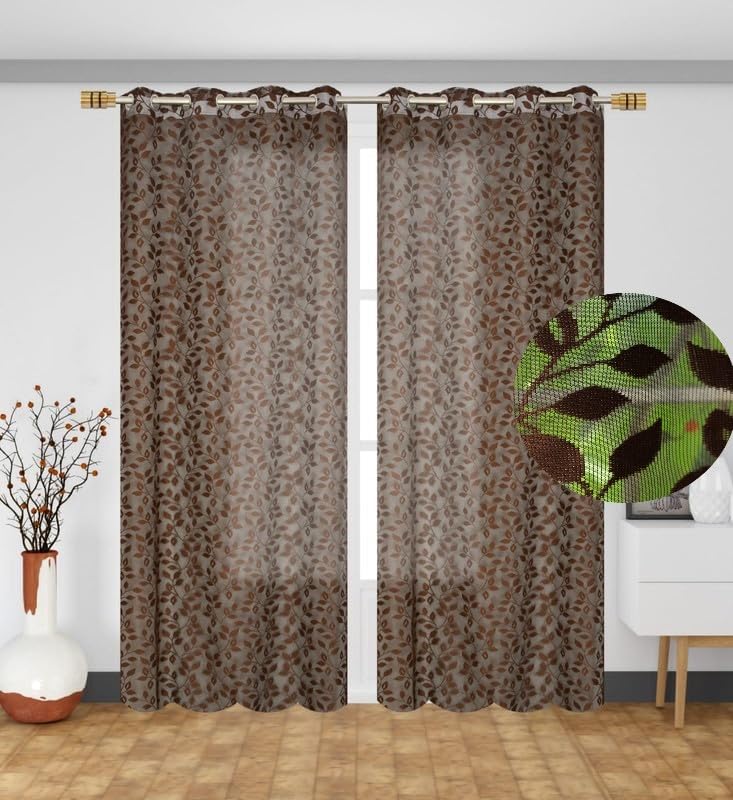 Image of Leaves Design Semi Transparent Window Curtain 5 feet Long Set of 3 pcs Drawing Room Parde | Pooja Room Curtain Panel | Sheer Curtain, Coffee Color
