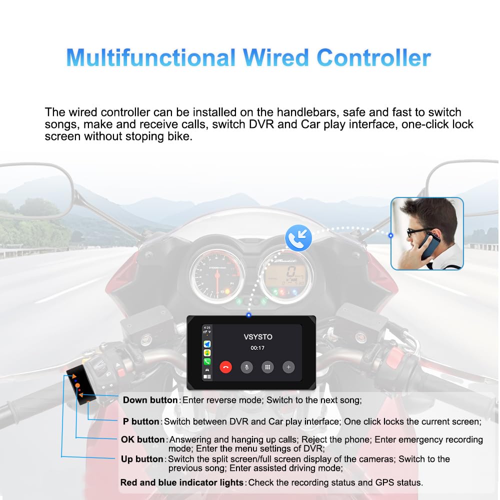 Dashcam per moto VSYSTO, 5,0 pollici, impermeabile, touchscreen per auto e Android con doppia telecamera anteriore e posteriore 150°, 1080P, visione notturna, navigazione GPS, telecomando (CS5-Pro)