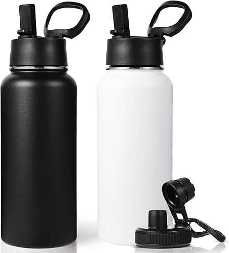 Miniatura 34 de Neihepal - Botellas de agua aisladas de 32 onzas a granel con 2 tapas (pajita y boquilla), botella de agua de acero inoxidable de doble pared, Azul