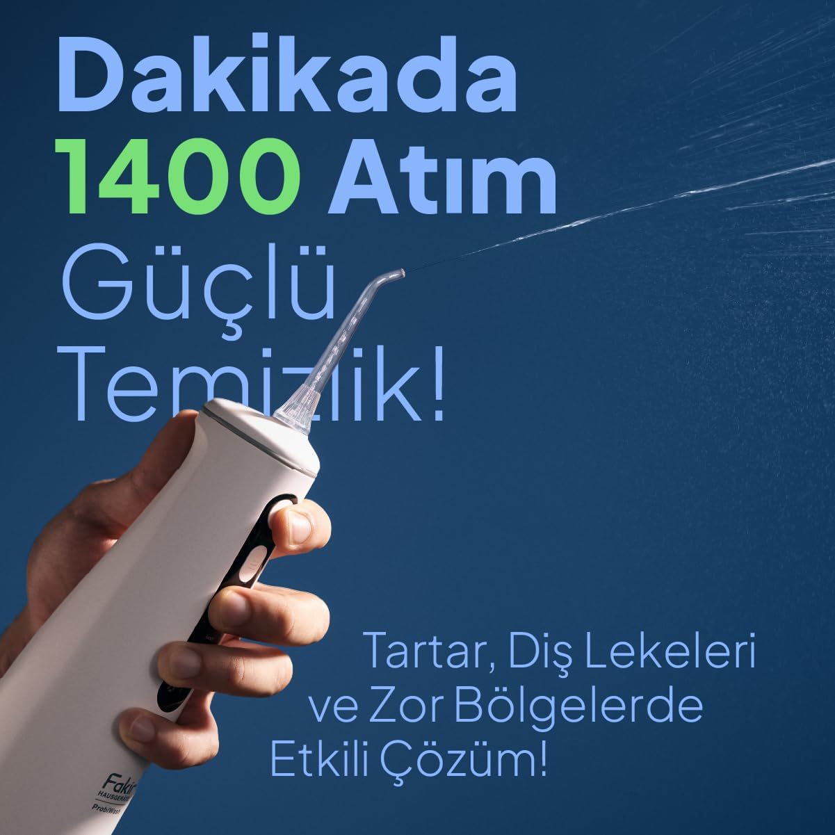 A hand holding the Fakir Probiwash Oral Irrigator demonstrating a powerful water jet, with text indicating '1400 Pulses Per Minute Powerful Cleaning!'