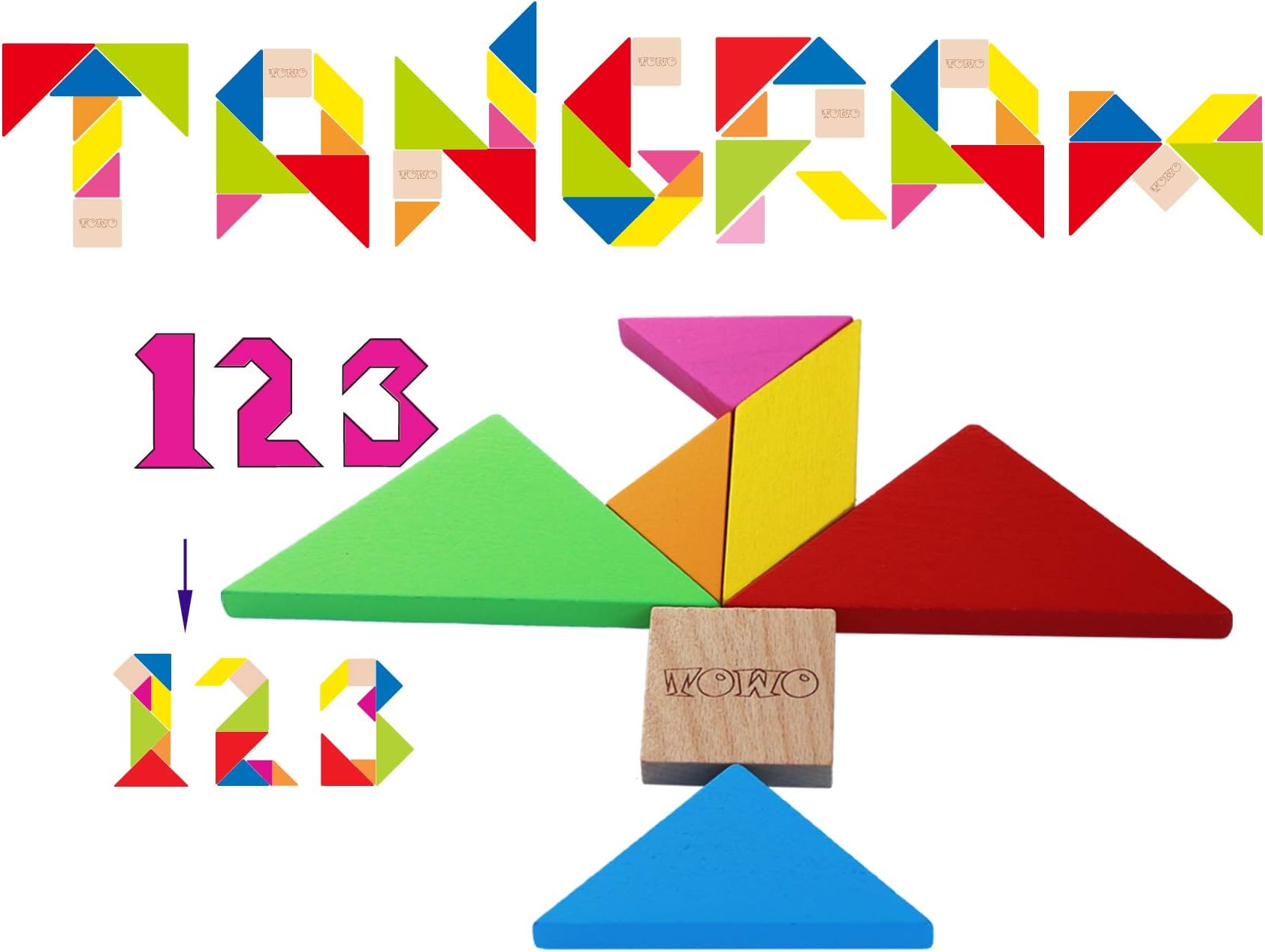 Wooden Tangram Puzzles Kids -Large Size Classic Original-Pattern Blocks Geometric Shapes Math Montessori Toys -Travel Games Smart Brain Teaser IQ Logic Puzzle Stocking Fillers Stuffers Children Adults