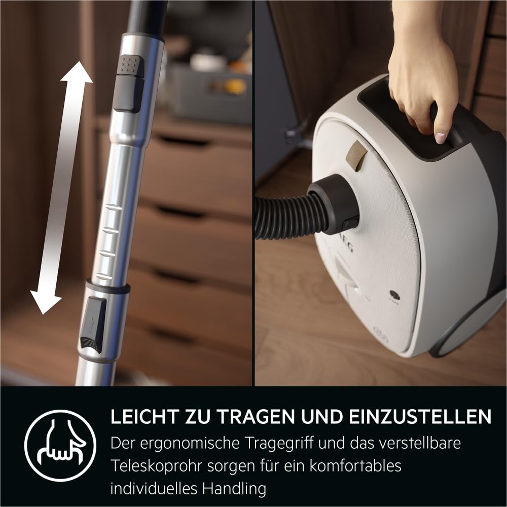 AEG AB61H6SW Staubsauger mit Beutel/hohe Saugleistung auf Allen Böden/inkl. Zusatzdüsen / 50% Recyclingkunststoff/ideal für Asthmatiker, Allergiker, Haustierbesitzer / 12 m Kabel / 850 W/weiß