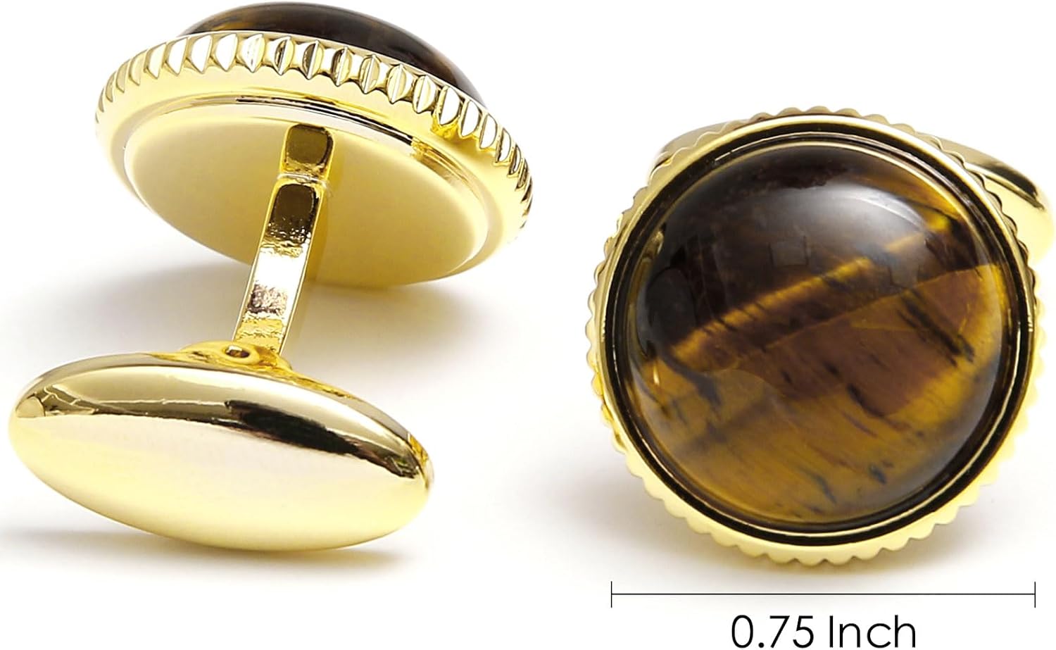Golden Men Cufflinks with Round Natural Polished Tiger's Eye Gemstone