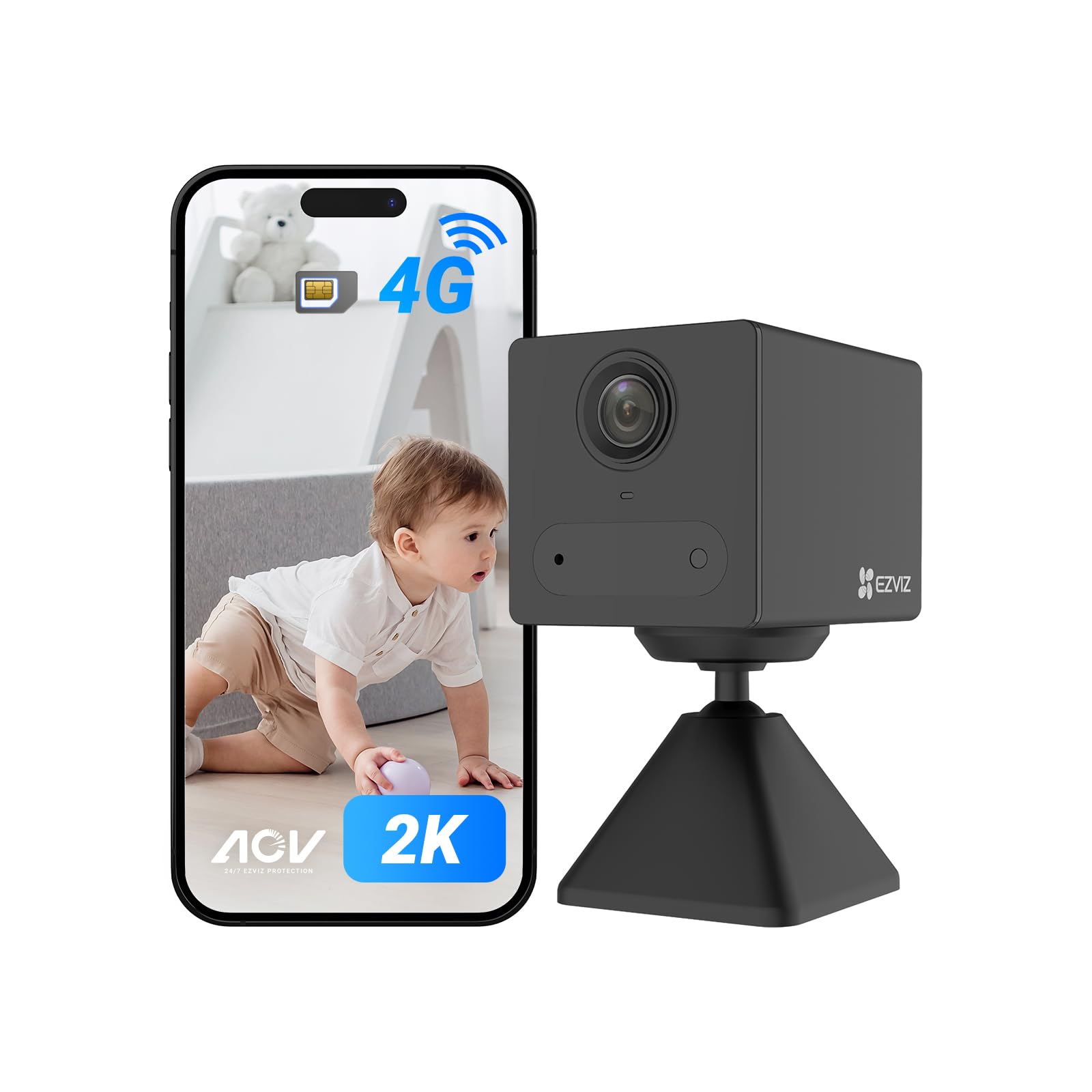 EZVIZ 4G LTE 2K Telecamera da Interno a Batteria, Audio Bidirezionale, Rilevamento di Persone, Registrazione Time-​Lapse, Modalità AOV, 100% Senza Fili, 512GB SD(Non Inclusa), CB2 Nera