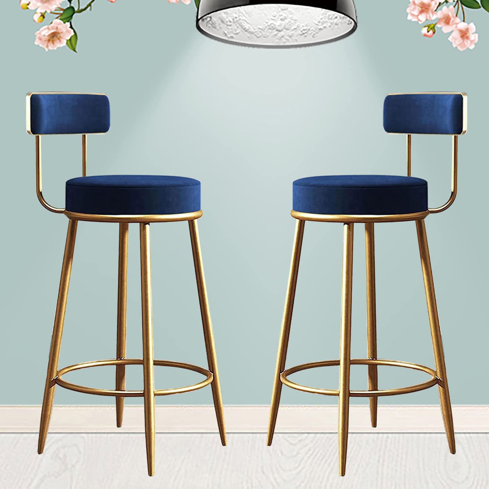 Tabourets de bar bleu velours lot de 2 avec dossier pieds dorés h65cm