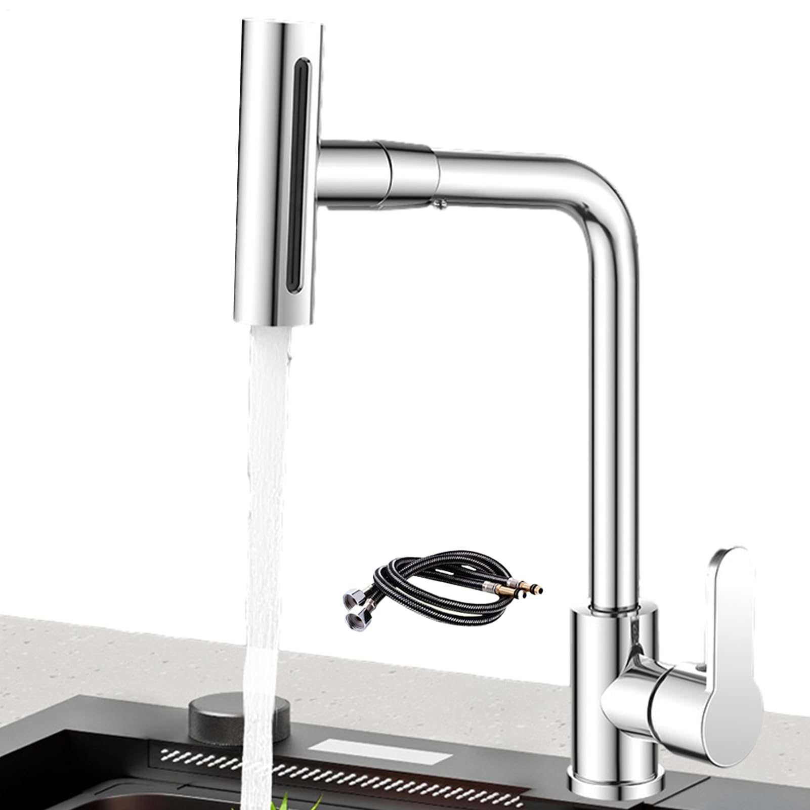 Robinet de cuisine à poignée unique avec douchette extractible 4 modes rotatifs