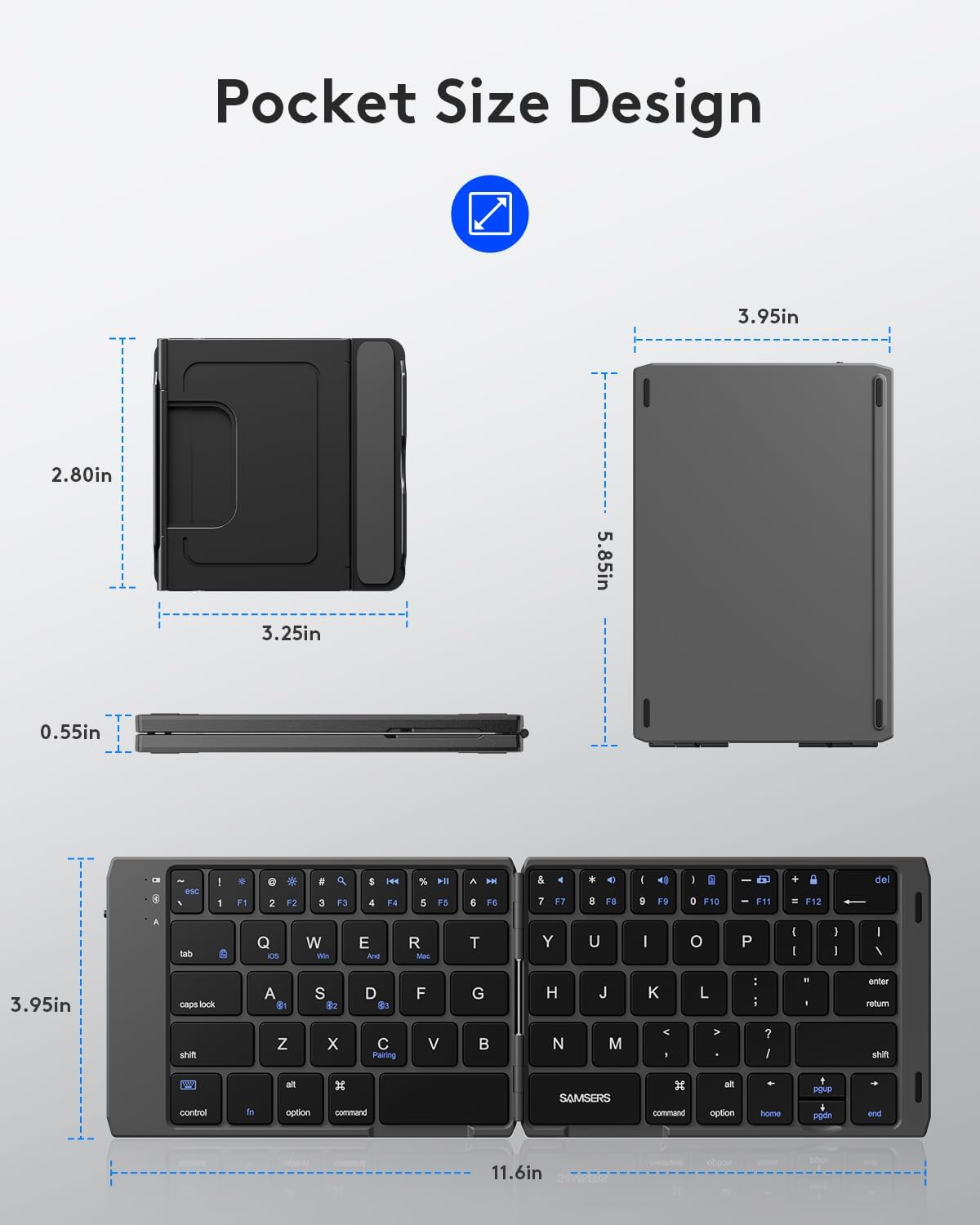 Dimensions of the folded and unfolded Samsers keyboard