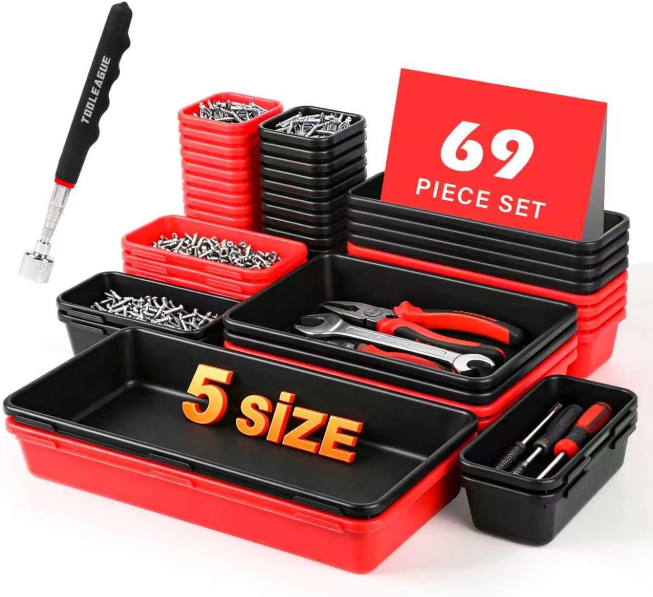 TOOLEAGUE 69Pcs & 5 Sizes Tool Box Organizer Tray Set with 15Lb Magnetic Pickup Pen,Drawer Organizer Bin, Garage Organization and Storage Workshop Rolling Tool Chest WorkBench Small Part(Black, Red)