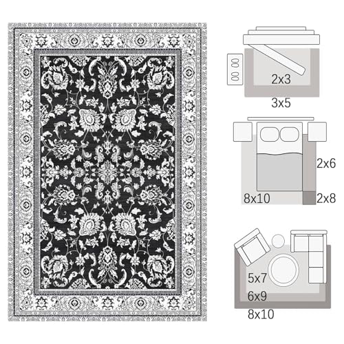 Tapete Floral Lavable 5x7 ft Negro Blanco miniatura 2