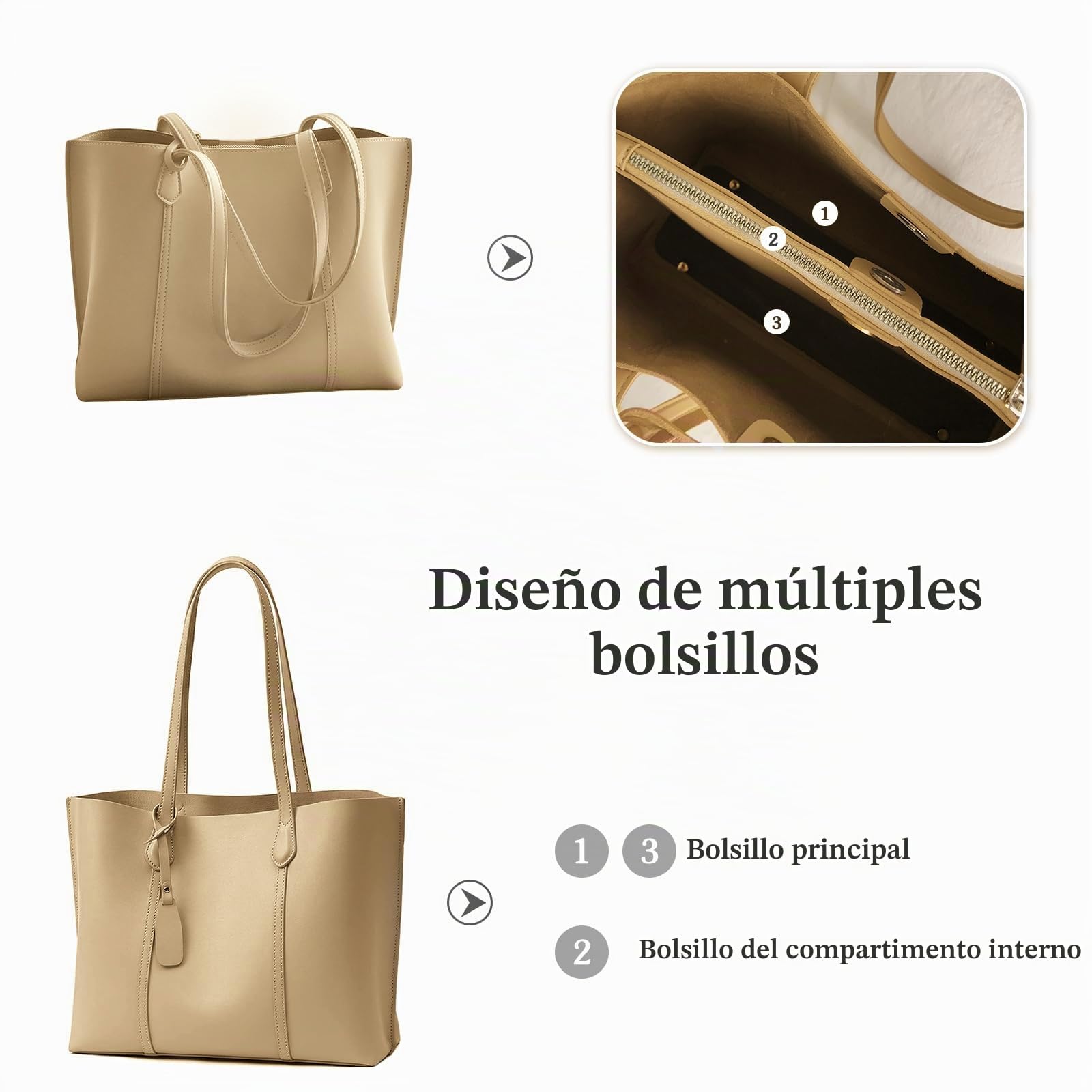 Bolsos de Mujer Grande Bolso Tote Bolsa de Hombro de Moda Señora PU Cuero Bolso Shopper para Escuela Trabajo Viaje Compras Blanco
