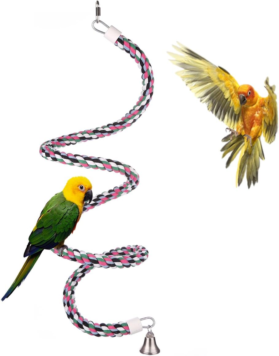 Aigouยฎ Bird Spiral Rope Perch, Cotton Parrot Swing Climbing Standing Toys with Bell (Medium - 65 inch)