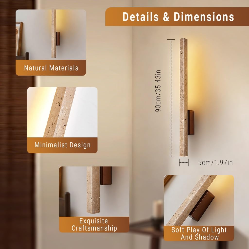Aplique De Pared Largo Lineal WabiSabi Piedra Travertino Natural Lampara De Pared Minimalista Luz De Pared LED 55cm/90cm Iluminacion Para Dormitorio Salon Pasillo Hotel Cafe(Rectangle 90cm)