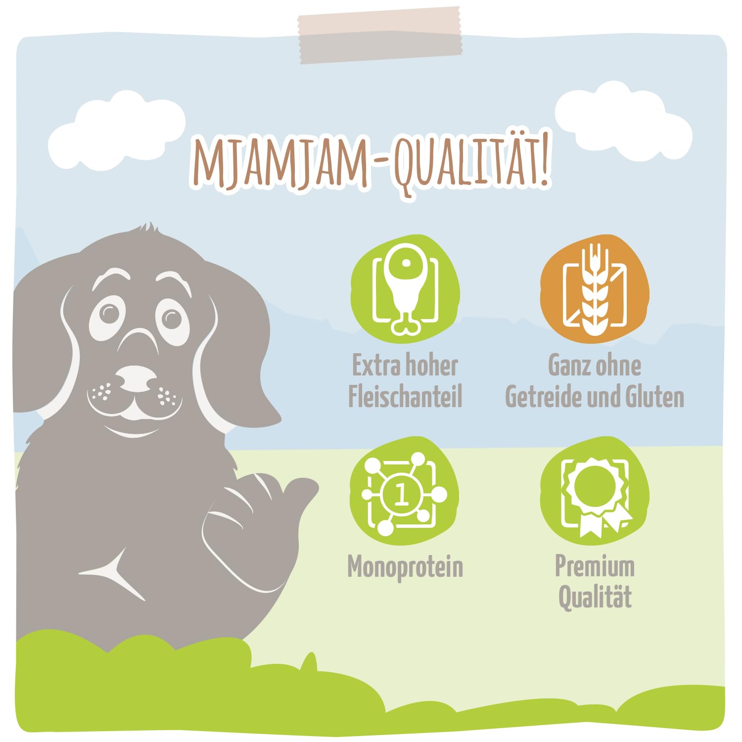MjAMjAM - Premium Nassfutter für Hunde - vorzüglicher Strauß an fruchtigem Apfel, 6er Pack (6 x 800g), getreidefrei mit extra viel Fleisch