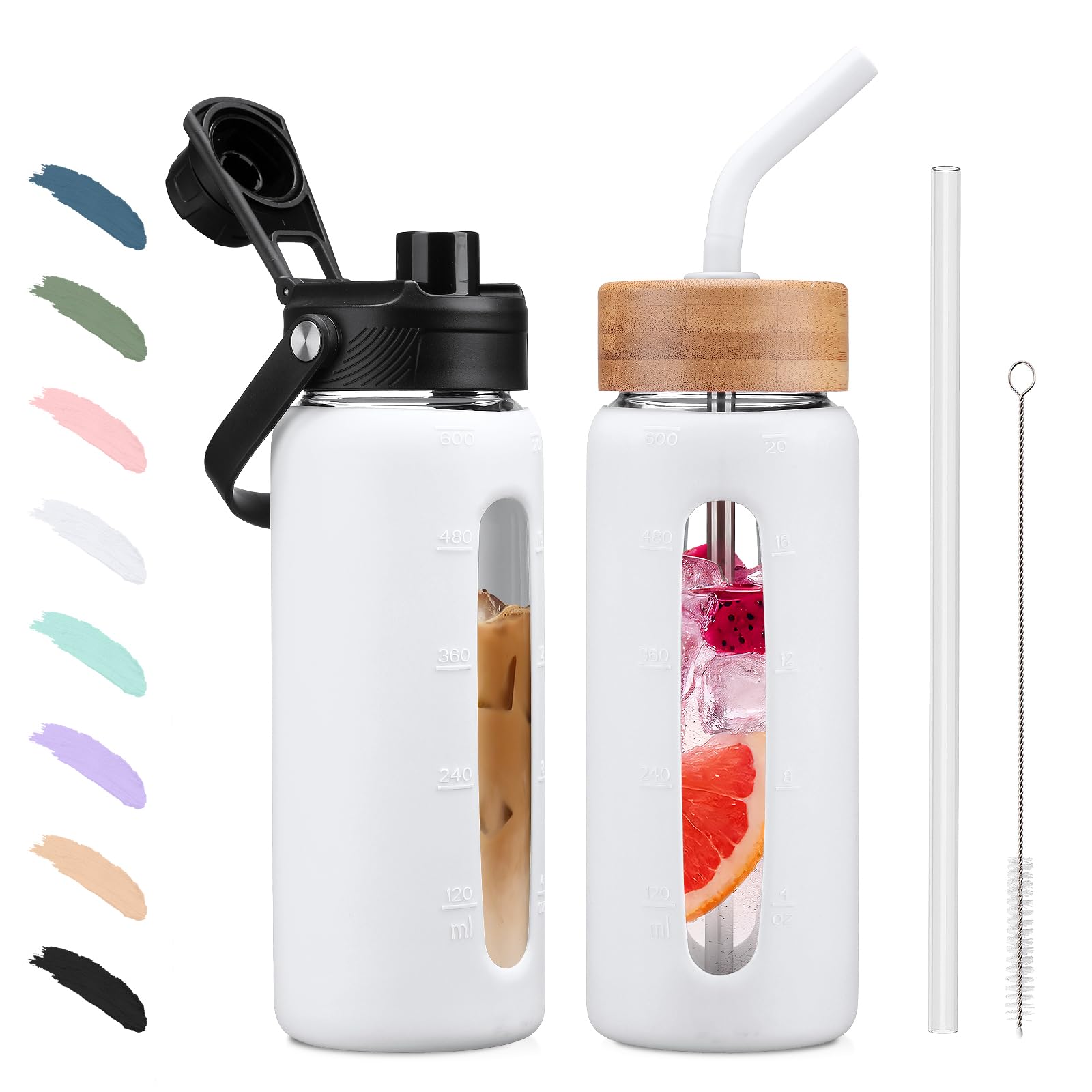 BLUEGO 600/700/900ml Glaswasserflasche mit Strohhalm und 2 Deckeln Kaffeetasse aus Glas mit Zeitmarkierung und Silikonschutz Glasbecher für Getränke Soda Cola BPA-frei