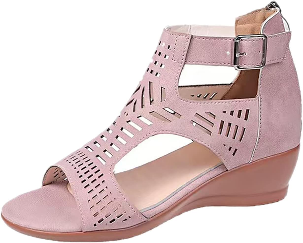 NOAGENJT Women Wedges Open Toe Breathable Sandals Crystal Outdoor Hollow Out Zip Up Sandals Shoes Ladies Summer Sandals