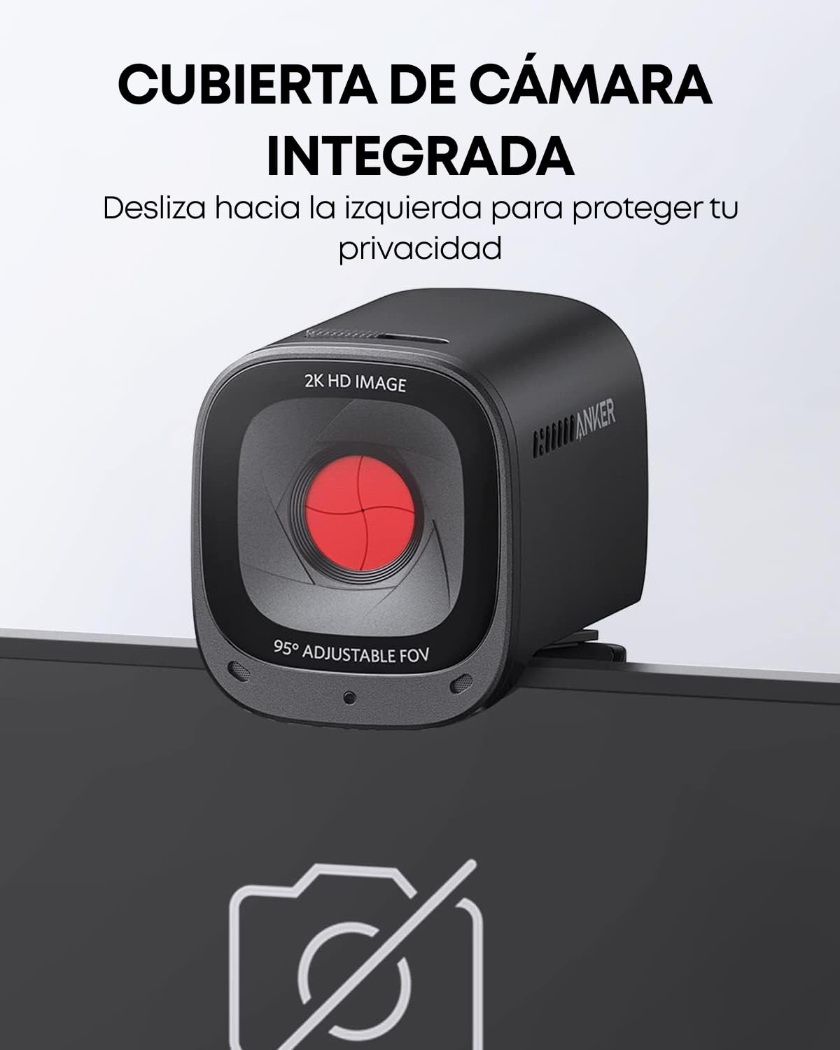 AnkerWork PowerConf C200 2K USB Webcam de Portátil, Cámara de PC, Micros Cancelación Ruido IA, Micros Estéreo, Campo de Visión Ajustable, Corrección Poca Luz, Tapa Incorporada para La Privacidad
