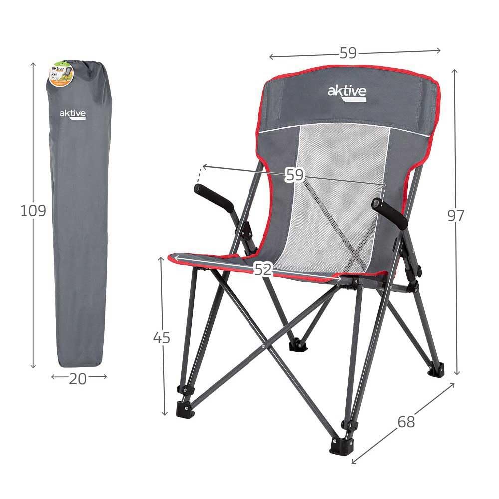 Aktive 63029 - Silla plegable de camping plegable Antivuelco con reposabrazos, Medidas 59x68x97cm., Estable y portátil, con rejilla, Accesorios de camping, sillas plegables