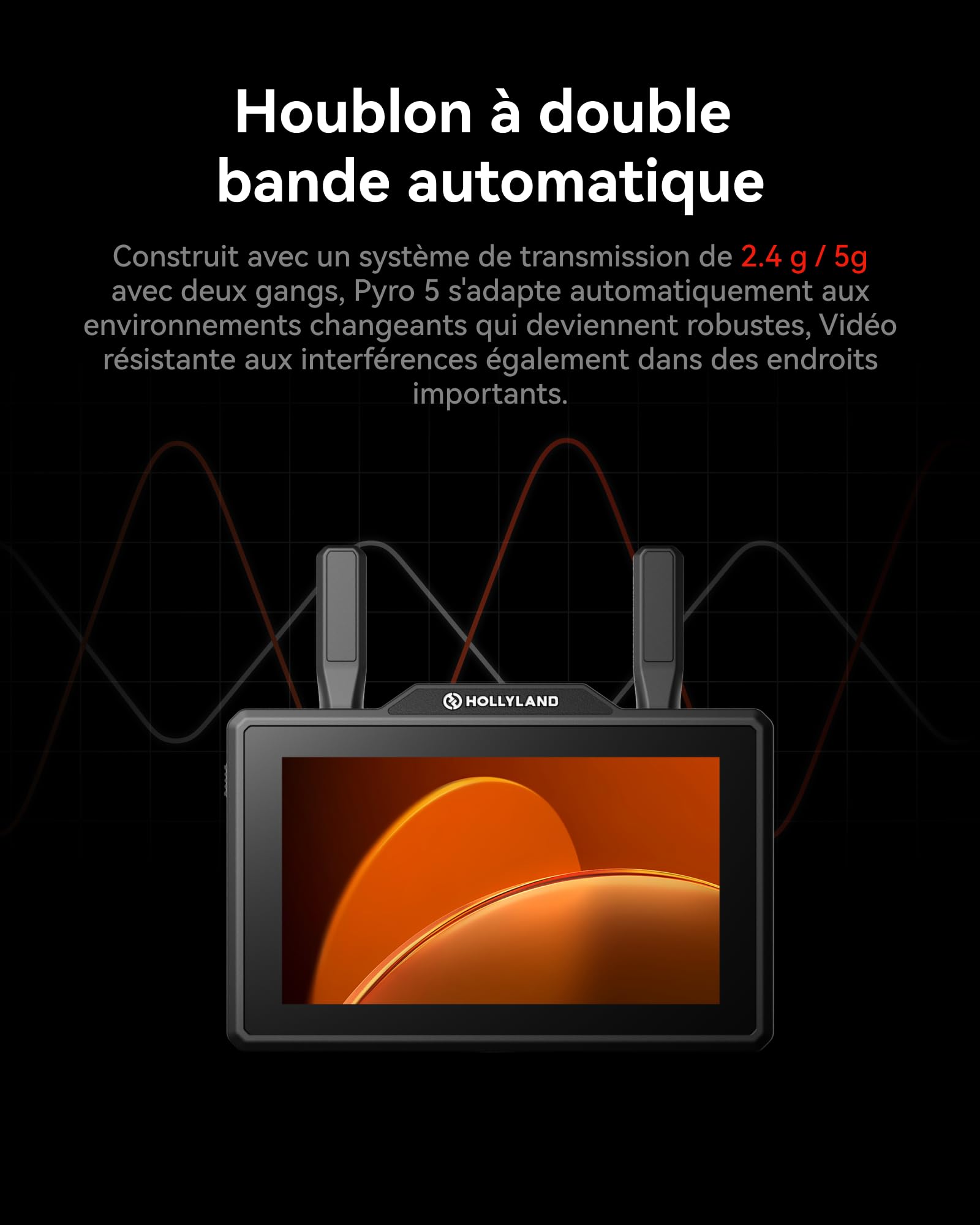 Hollyland Pyro 5 Transmetteur et récepteur vidéo sans Fil et Moniteur de Champ de caméra de 5 Pouces HDMI & SDI 1300ft, 60 ms Houbs à Double Bande avec Forme d'onde, (Pyro 5+ Pyro S)