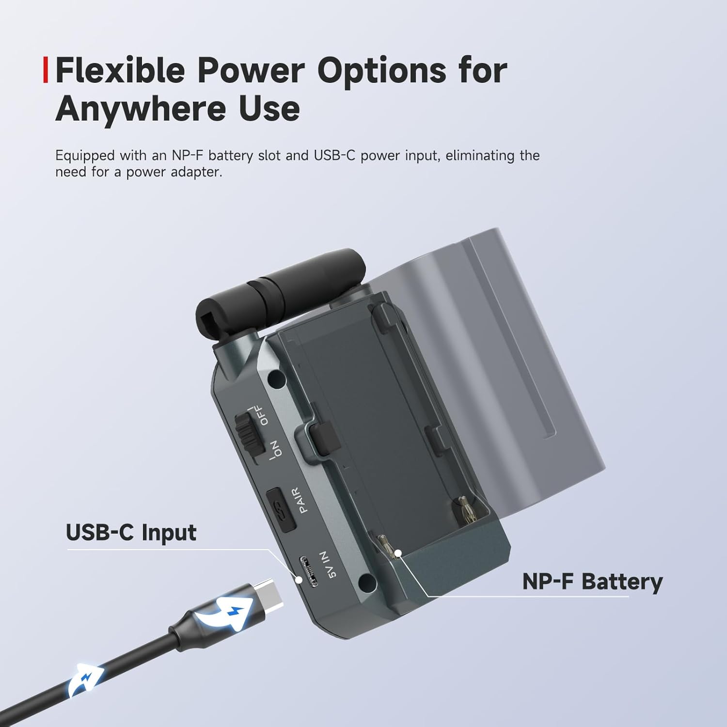 SYNCO XVision HD unit showing power switch, pairing button, USB-C port, and NP-F battery slot