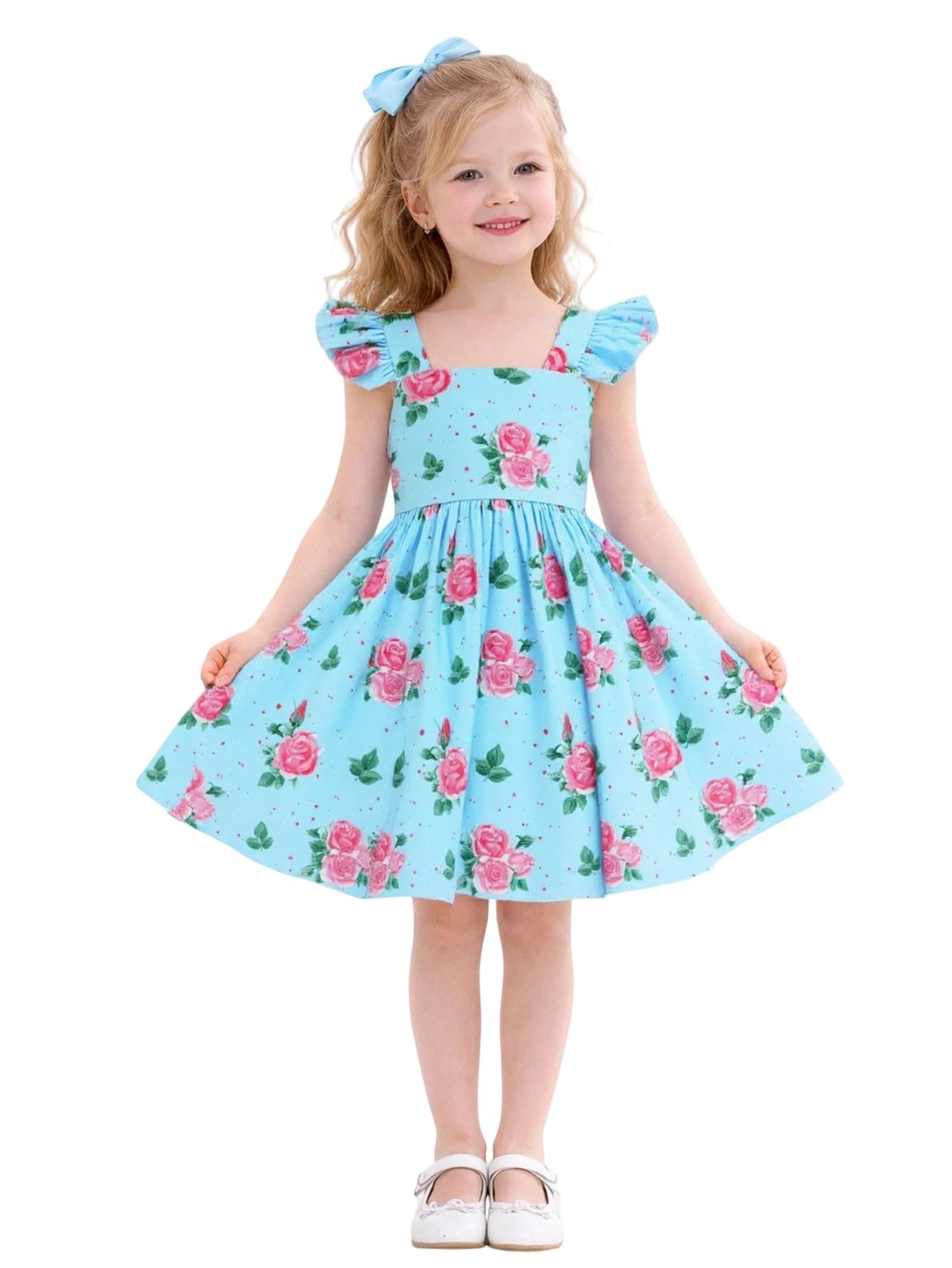 HILEELANG Girls Floral Dress Puff Sleeve Backless Bow Tie Party Dress for Spring Summer Easter 2-7T