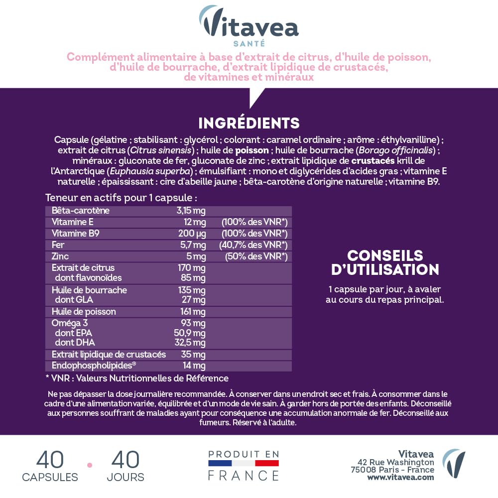 Vitavea Manhaé-Complément Alimentaire Ménopause Pré-Ménopause Sans Hormones-Confort & bien-être -Acide Folique, Omega 3, Zinc, Fer-120 gélules - Cure de 4 mois-Fabriqué en France