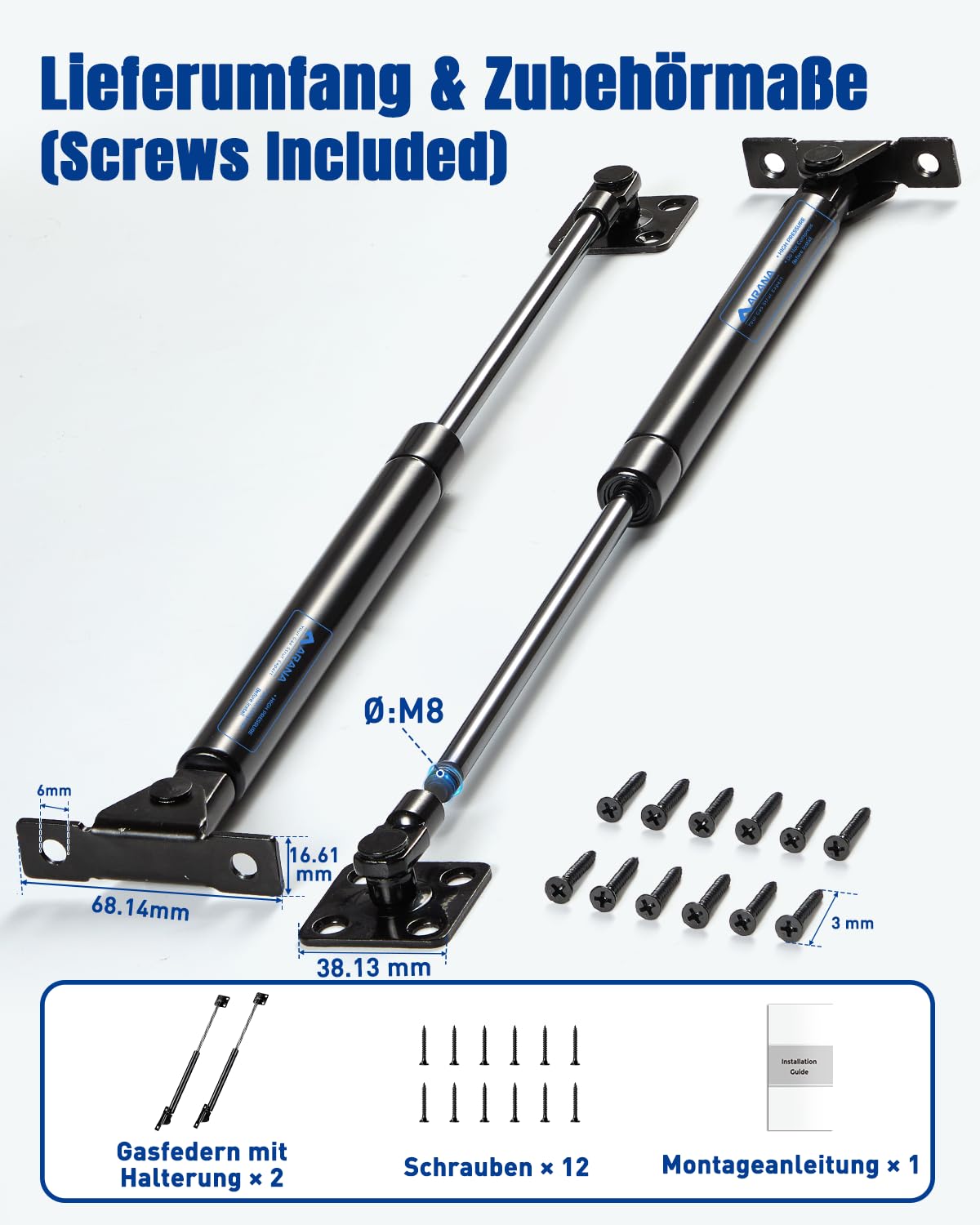 ARANA Gasdruckfeder 500 mm, 800 N, 2er-Pack; Gasdruckdämpfer, Gasfeder Dämpfer, geeignet für Schranktüren, Mülleimerdeckel, Staufächer in Wohnmobilen, Mit Montagehalterungen (800 N, 500 mm)