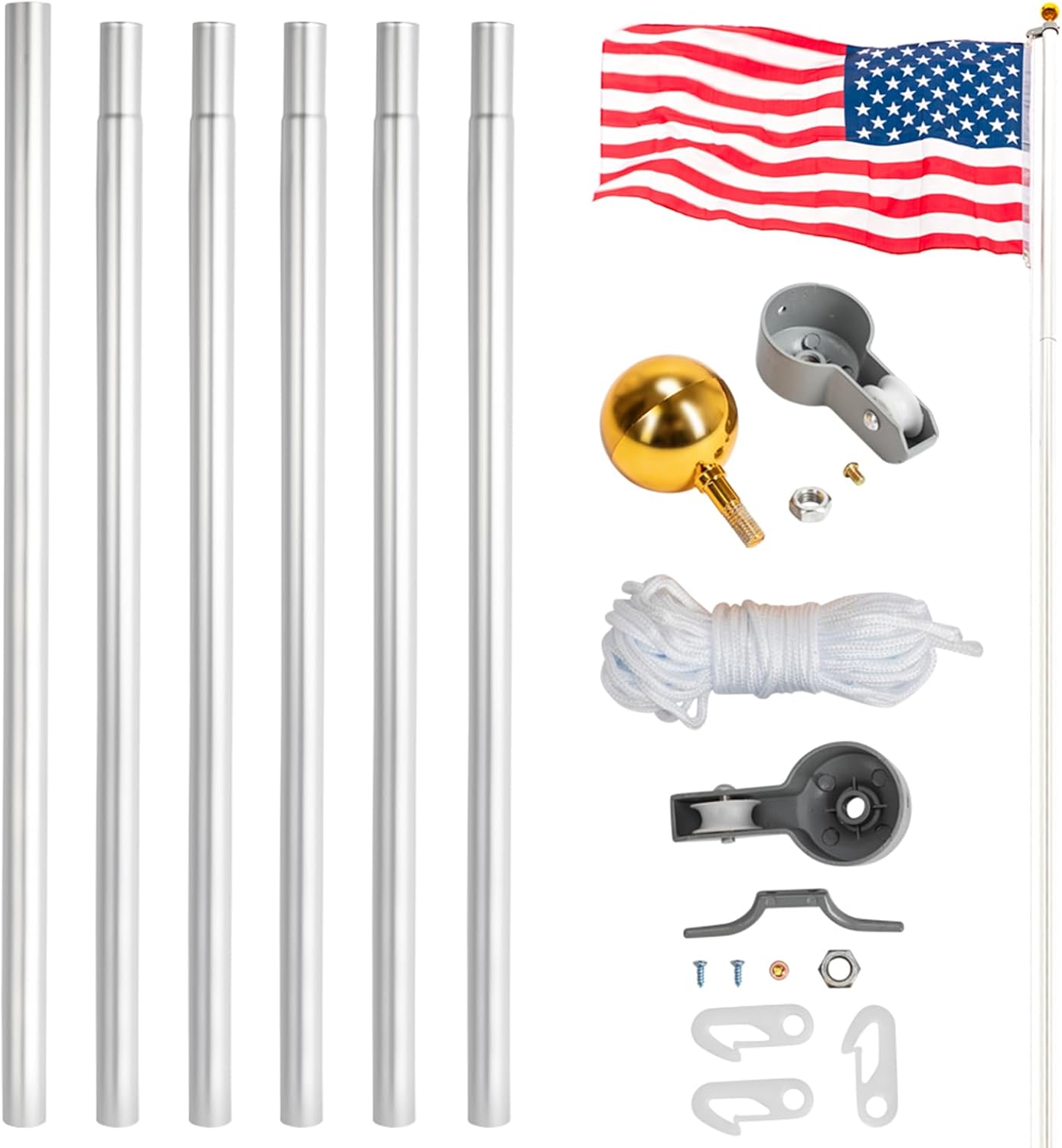 25ft Flag Pole Kit,American Flags for Outside with Pole,Heavy Duty Aluminum Flagpole with 3x5 American Flag, Thick Rust-Proof Sectional Pole US America Flag Flagpole Kit,for Outside House, Porch, Yard