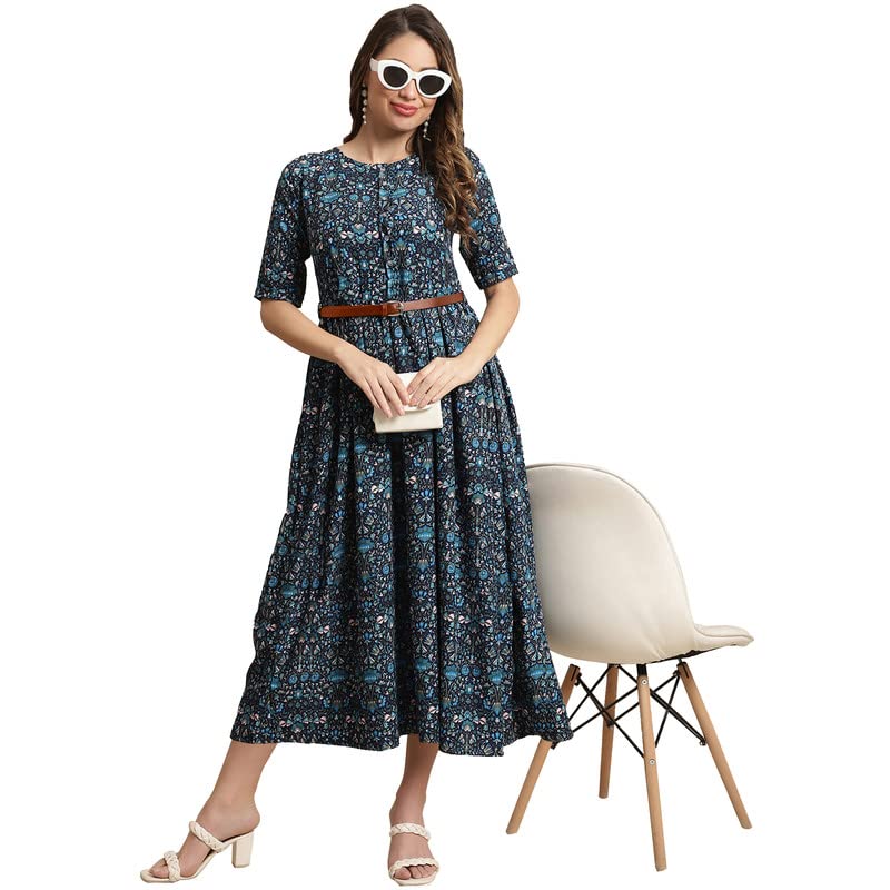 Preneum Girls's Georgette Floral Printed 3/4 Slevees A-Line Fit & Flare Gown With Belt, Blue, Xl