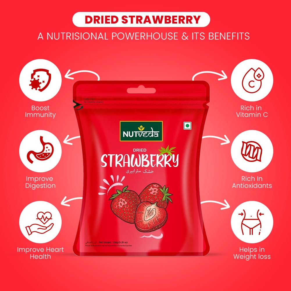 NUTVEDA Dried Strawberry Fruit 150g - Healhy Dry Fruit | High in Antioxidants, Vitamin C, Potassium | Healthy Snacks for Breakfast Morning Cereals, Oat Meals & Salad Garnishing - Image 5 thumbnail