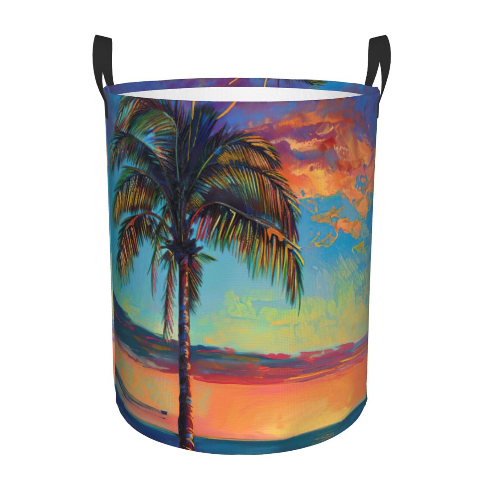 M Collapsible Laundry Hamper Round Sunset Palm Print Storage