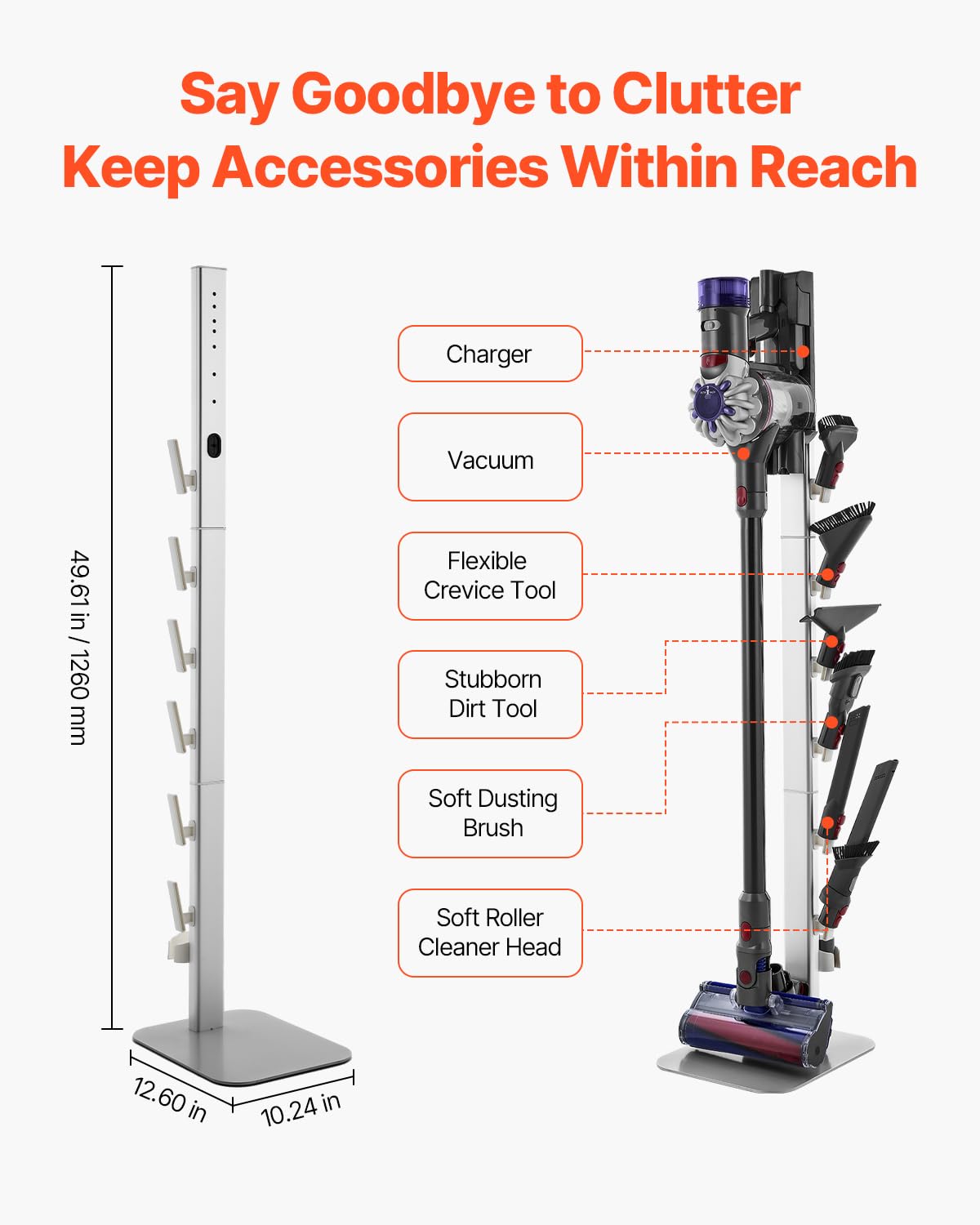 VEVOR Support d'Aspirateur pour Dyson G5, V15, V12, V11, V10, V8, V7, V6, Porte-aspirateur Vertical Rangement Stable avec Accessoires, 6 Crochets et Patins Antidérapants, pour Espaces Restreints, Gris