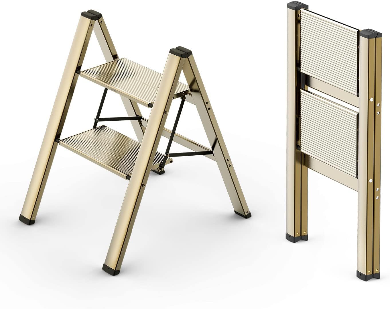Foldable 2 Steps Ladder, Folding Step Stool with Upgraded Widening and Thicken Non-Slip Pedals,Multi-Use Stepladder for Home and Kitchen Use (2 Steps, Champagne Gold)