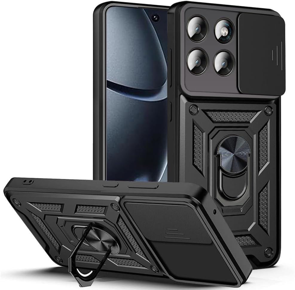 Image of Casodon Shockproof Back Case Cover for Moto G37 5G, Shockproof Moto G37 Back Cover, Ring Case with Kickstand and Camera Protection Shutter - Black