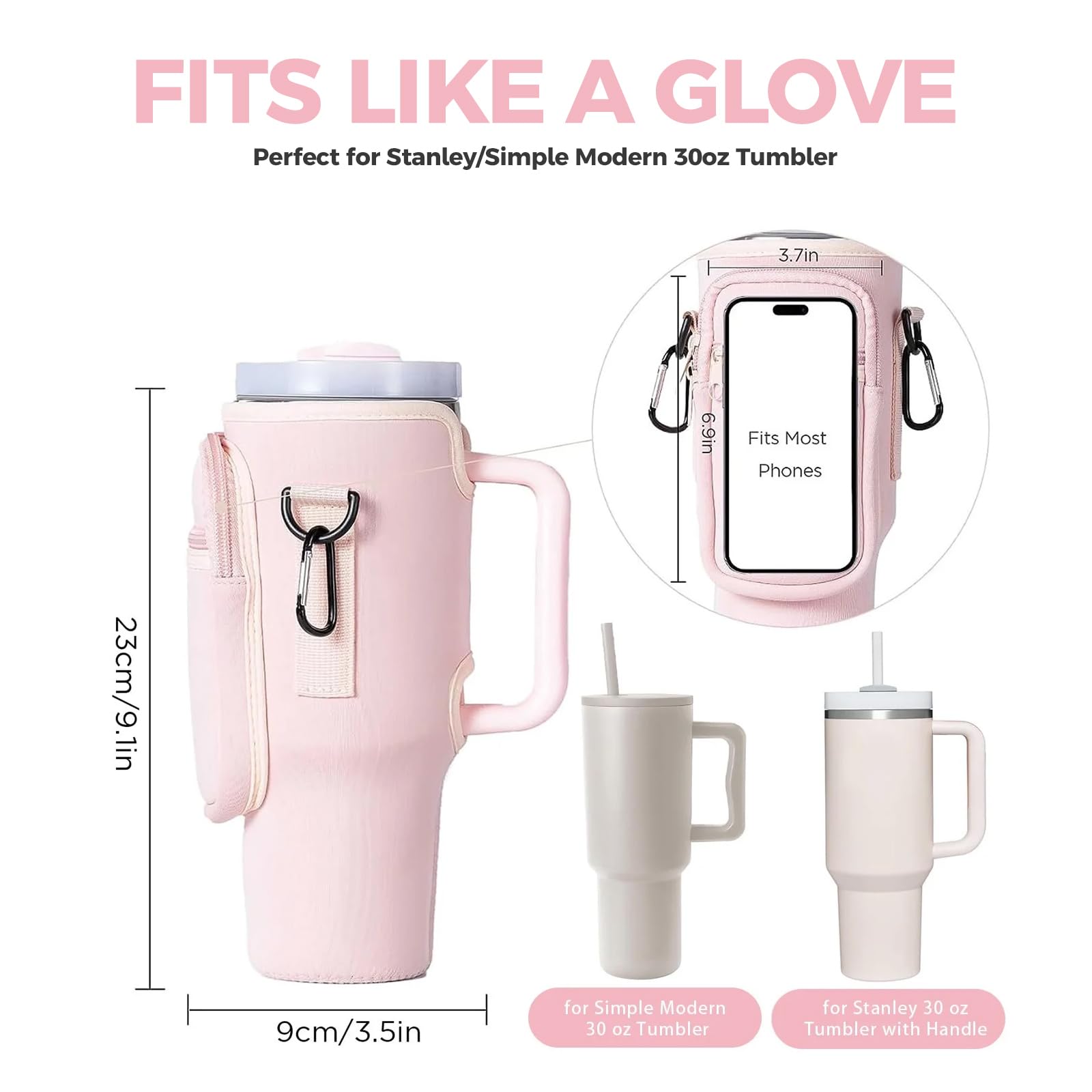 Water Bottle Carrier Bag, Water Bottle Holder with Clouds Straw Cover for 40oz Stanley Cup, Water Bottle Pouch with Adjustable Shoulder Strap & Phone Pocket for Travel Walking Hiking Gym(Pink) - Image 3