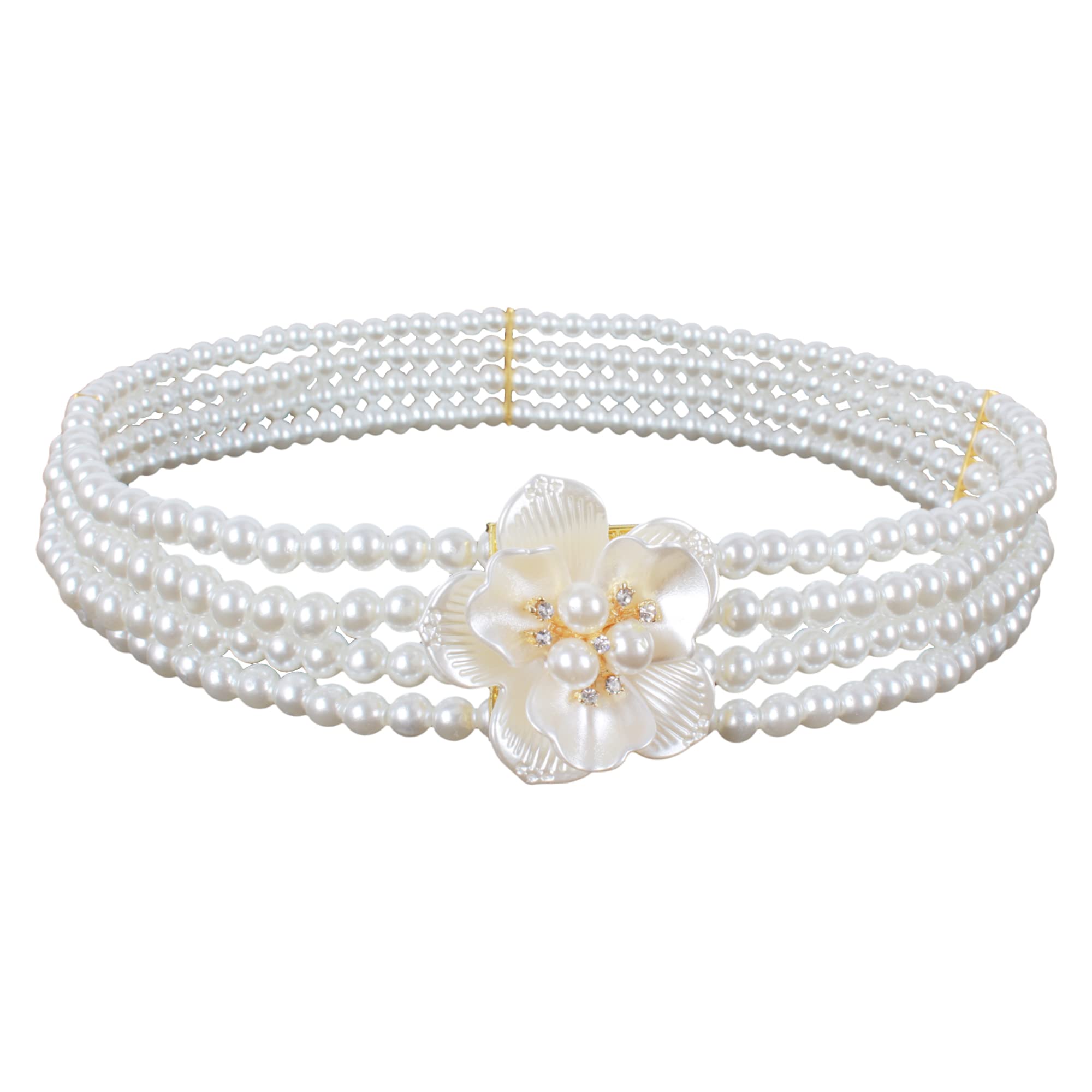 Women Glitter Rhinestone 4 Layers Pearls Elastic Waist Belt Sash Wedding Bridal Evening Dress Belt