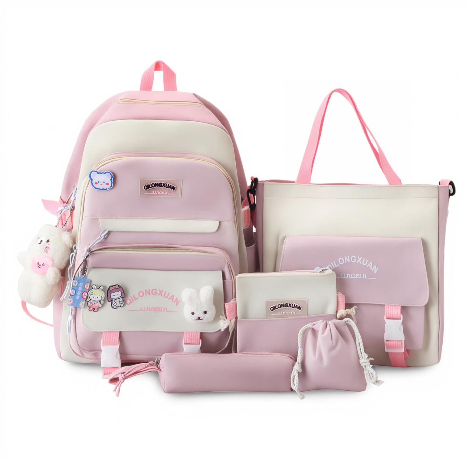 IvyH Cartable Fille Primaire 5 pièces, Sacs à Dos pour Filles 8-16ans, Sets de Sacs Scolaires avec Sac à Provisions Trousse à Crayons, Sac à Dos Voyage Kawaii 45cm, Rose