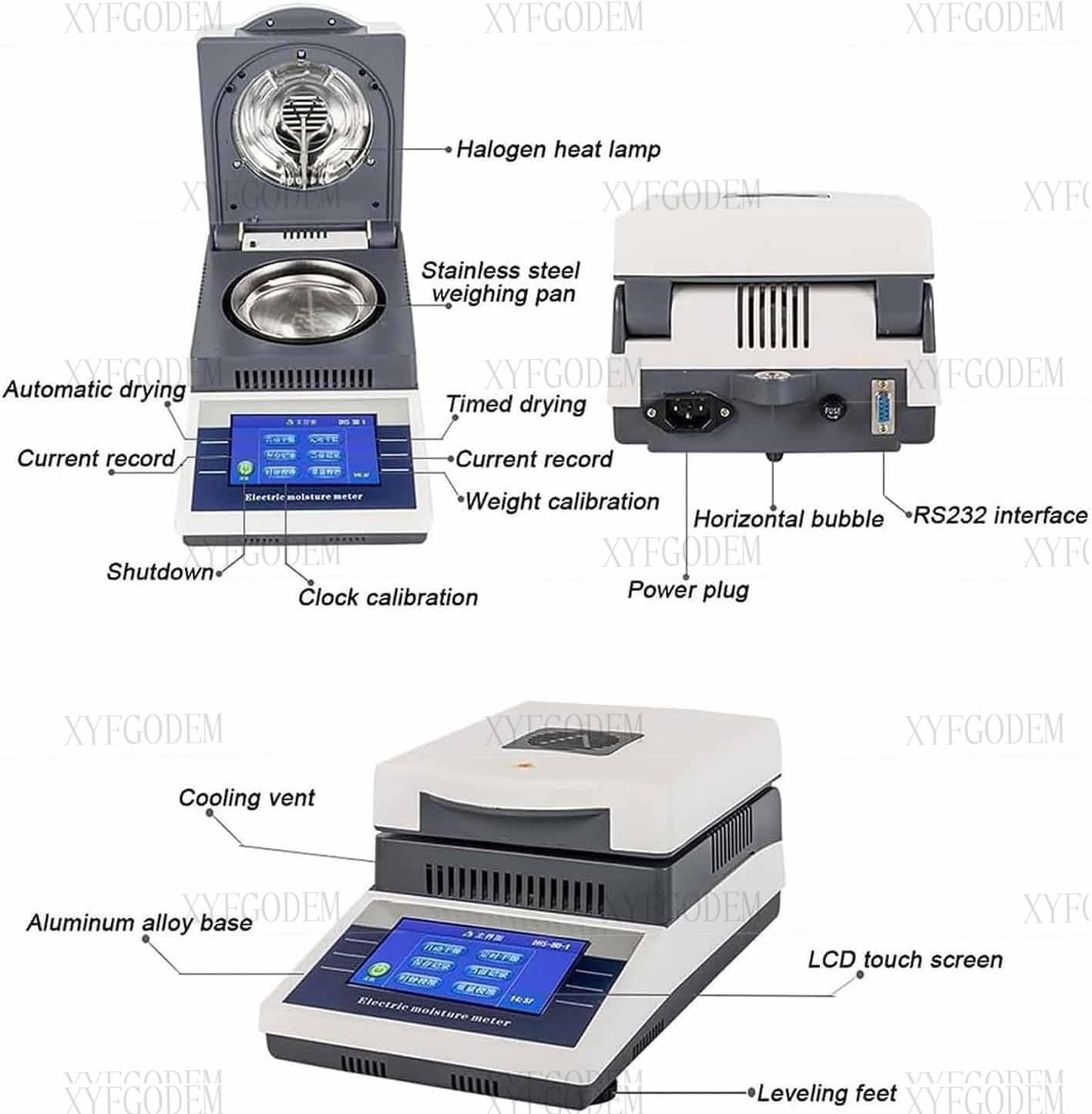 Analizador de Humedad Halógeno Laboratorio, Medidor Electrónico Precisión con Pantalla LCD Táctil 5 Pulgadas, Balanza Secado por Lámpara Halógena para Agricultura