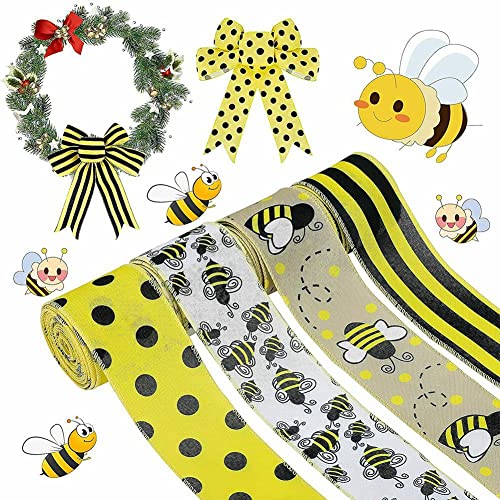 KJKVIVH 26 Yards Bee Wired Edge Ribbon 2.5in Wide Hessian Ribbon Crafting Decor 4 Rolls - Image 3
