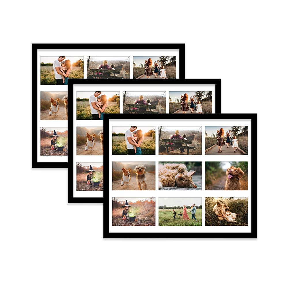 Black Multi Photo Frame - Holds 9 x 6x4 Pictures, Family Collage Picture Frame for Wall Display, 20x16 Frame size, Set of 3